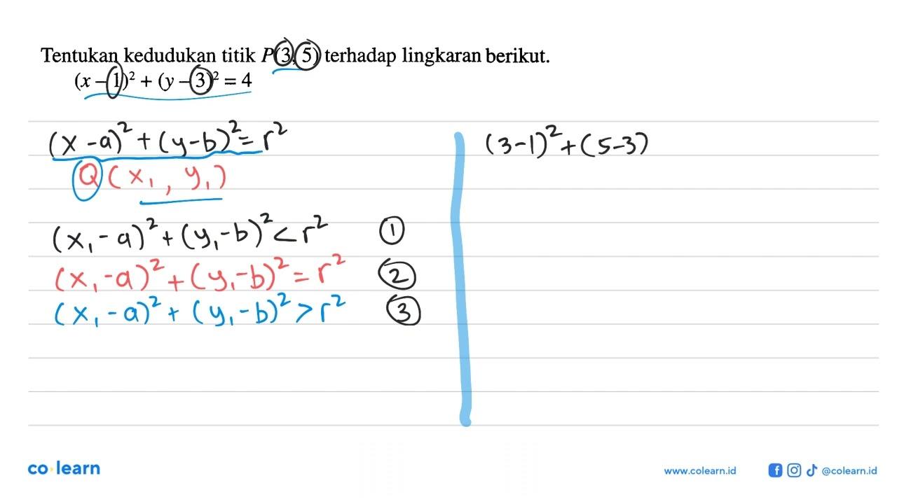 Tentukan kedudukan titik P(3,5) terhadap lingkaran berikut.