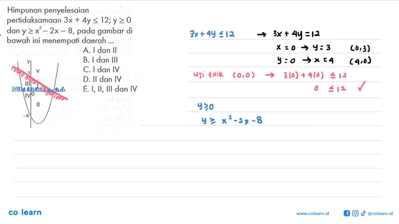 Himpunan penyelesaian pertidaksamaan 3x+4y<=12; y>=0 dan