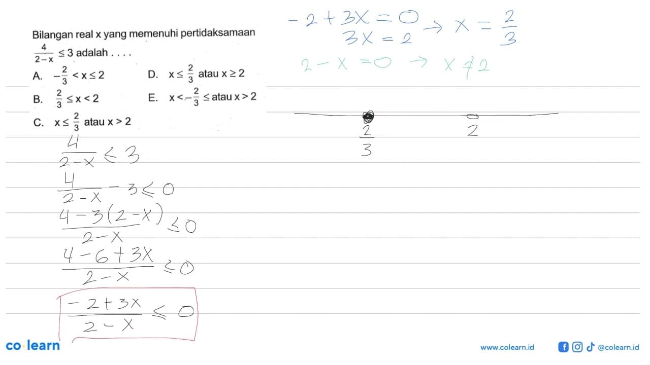 Bilangan real x yang memenuhi pertidaksamaan 4/(2-x)<=3