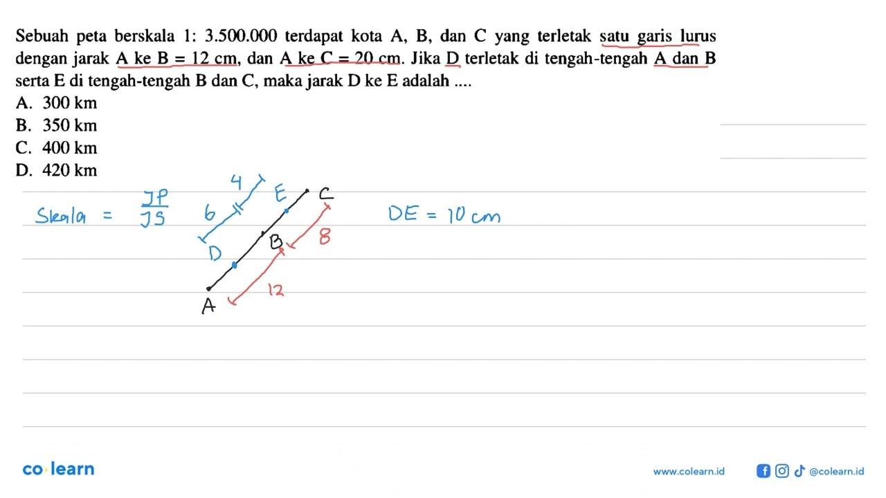 Sebuah peta berskala 1 : 3.500.000 terdapat kota A, B, dan