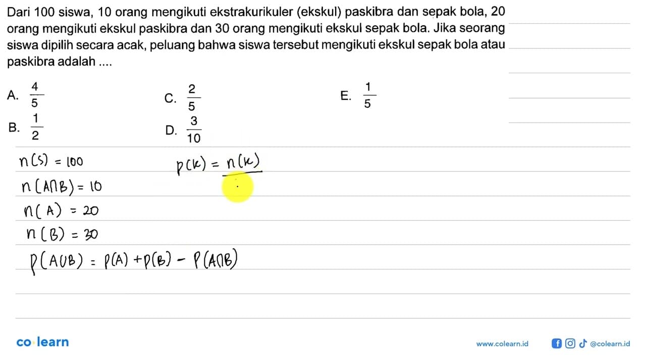 Dari 100 siswa, 10 orang mengikuti ekstrakurikuler (ekskul)