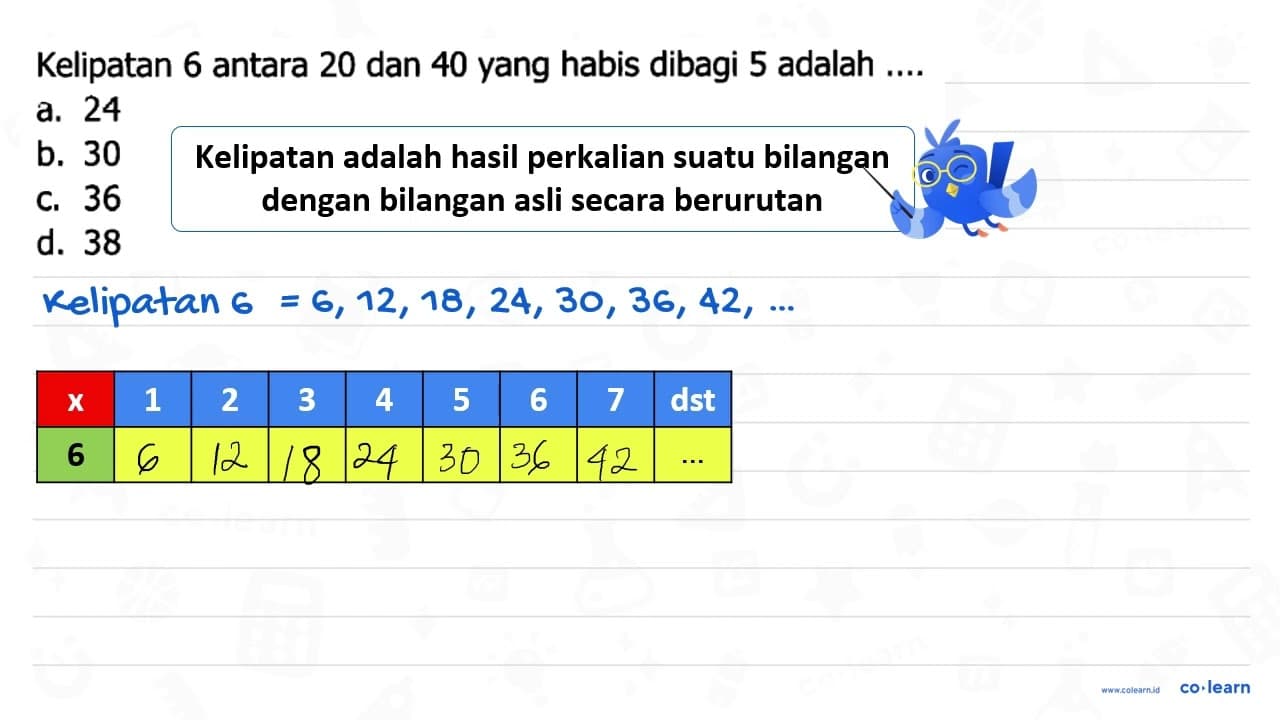 Kelipatan 6 antara 20 dan 40 yang habis dibagi 5 adalah