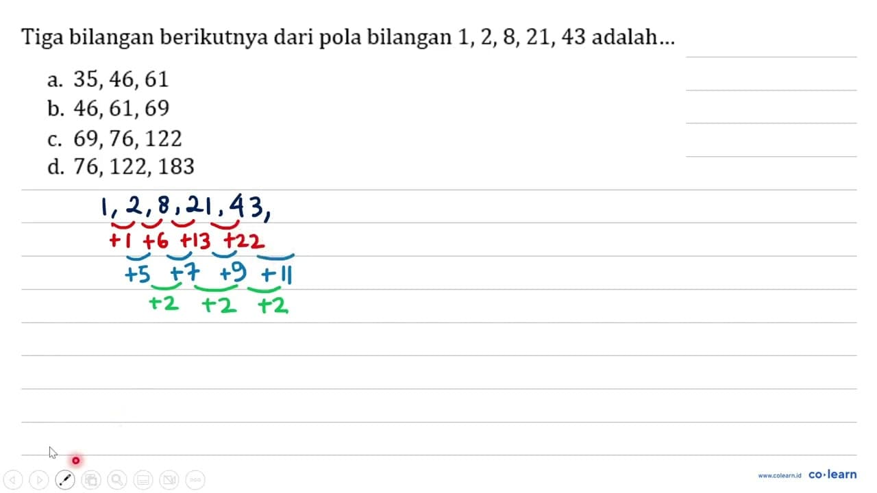 Tiga bilangan berikutnya dari pola bilangan 1,2,8,21,43