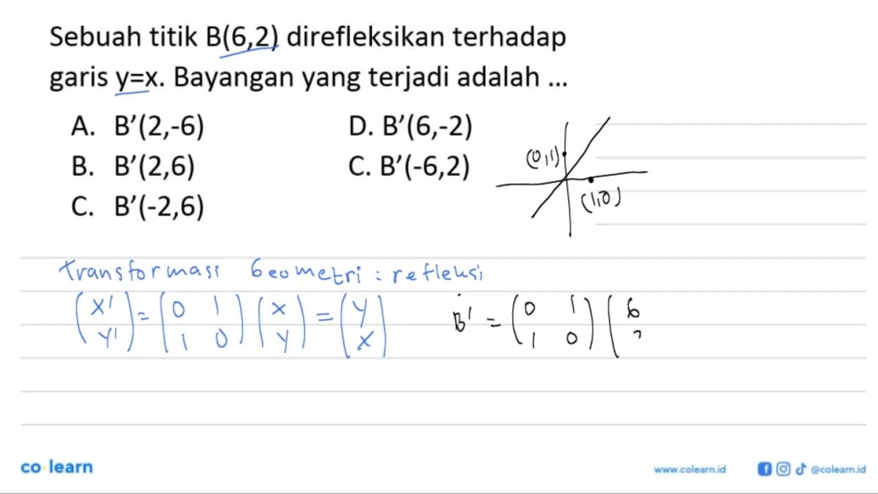 Sebuah titik B(6,2) direfleksikan terhadap garis y=x.