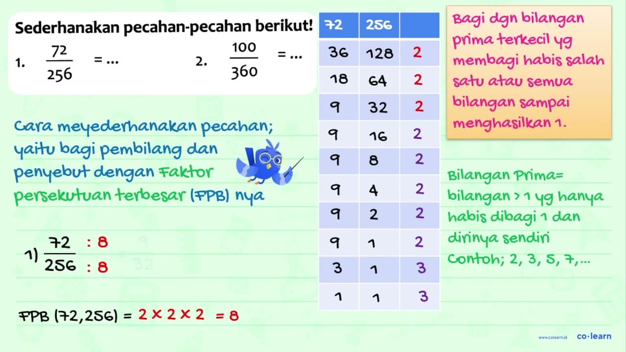 Sederhanakan pecahan-pecahan berikut! 1. (72)/(256)=... 2.