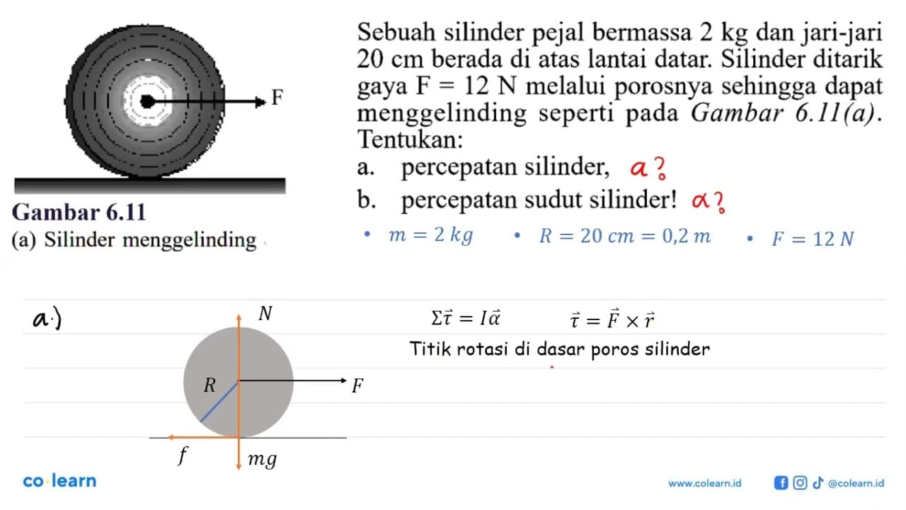 F Gambar 6.11 (a) Silinder menggelinding Sebuah silinder