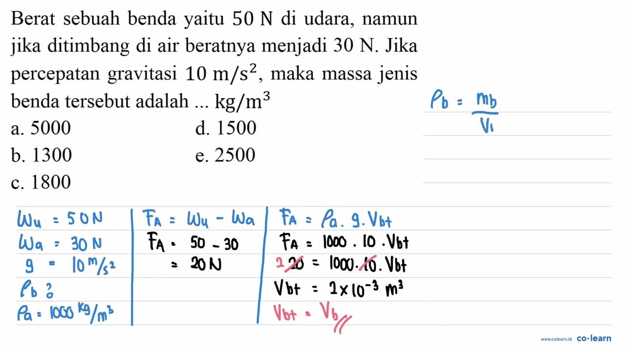 Berat sebuah benda yaitu 50 N di udara, namun jika