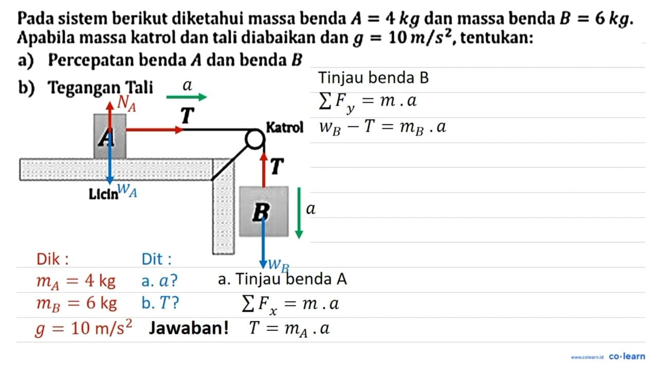 Pada sistem berikut diketahui massa benda A=4 kg dan massa