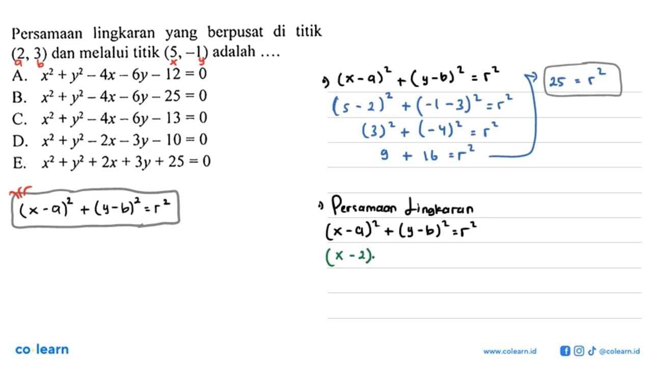 Persamaan lingkaranyang berpusat di titik (2,3) dan melalui