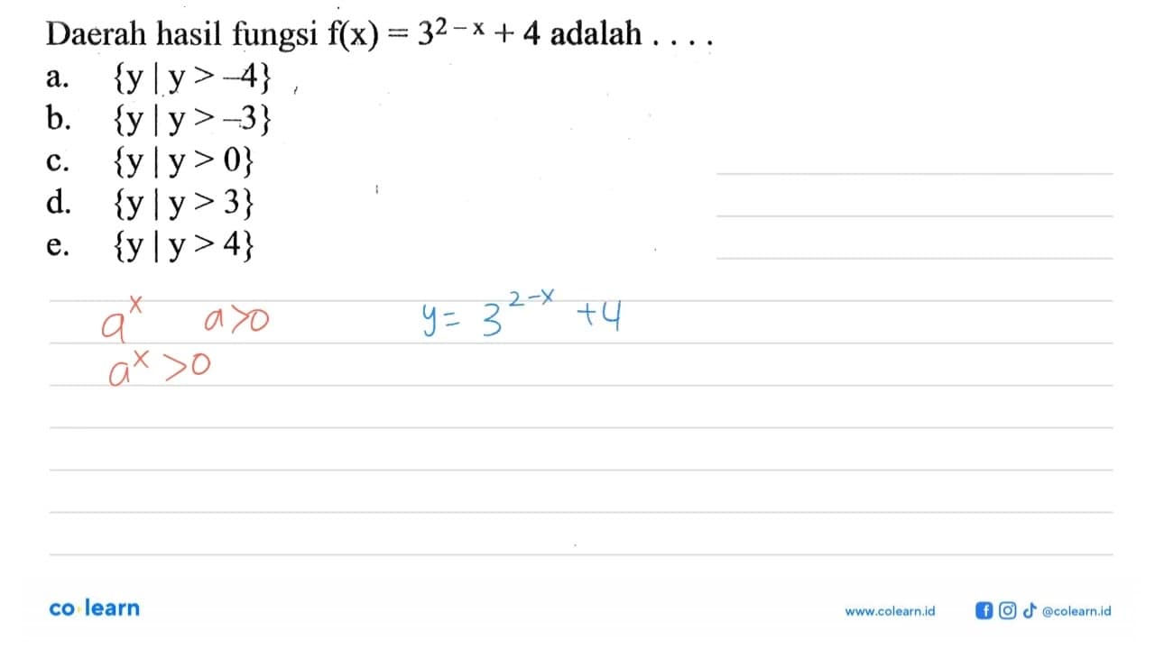 Daerah hasil fiungsi f(x) = 3^(2 - x) + 4 adalah . . . .