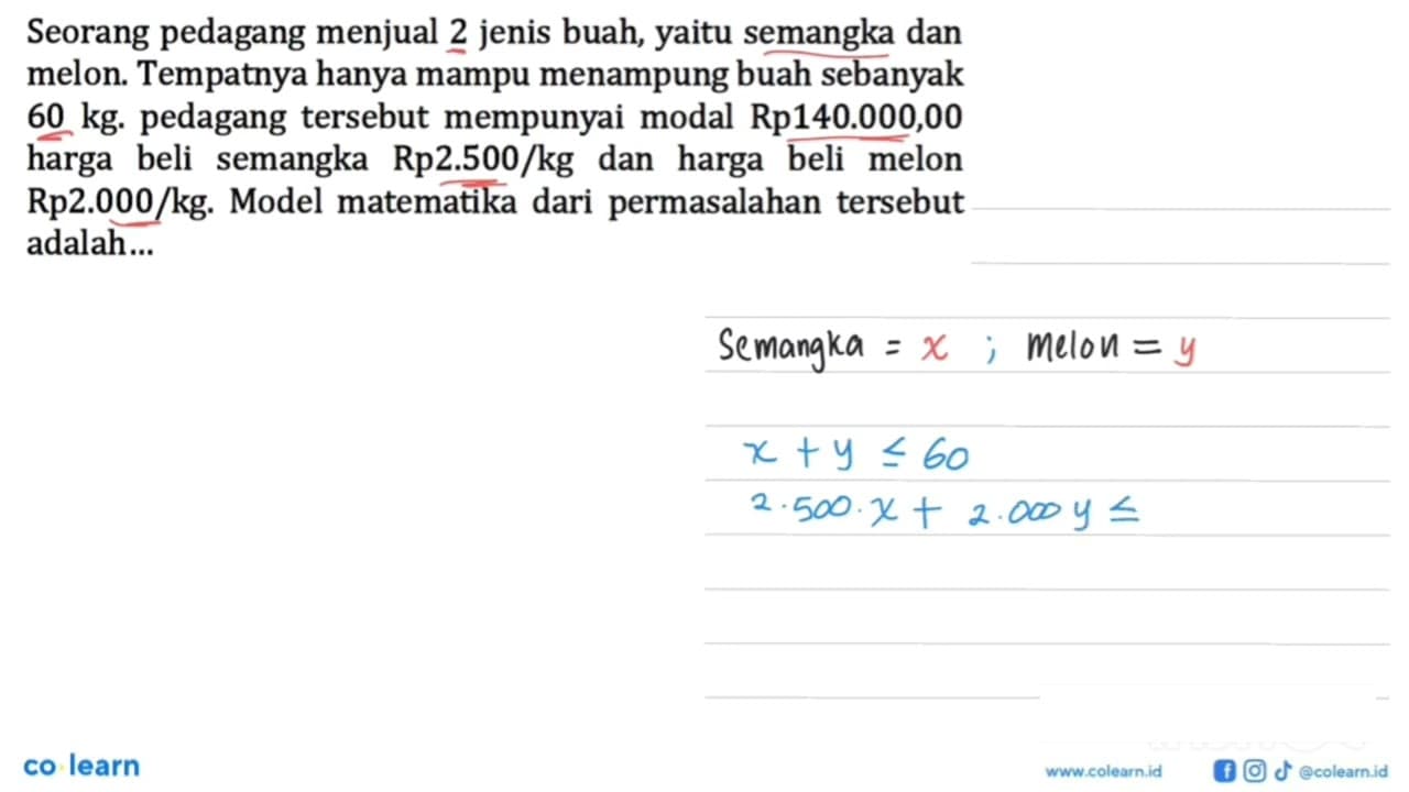 Seorang pedagang menjual 2 jenis buah, yaitu semangka dan