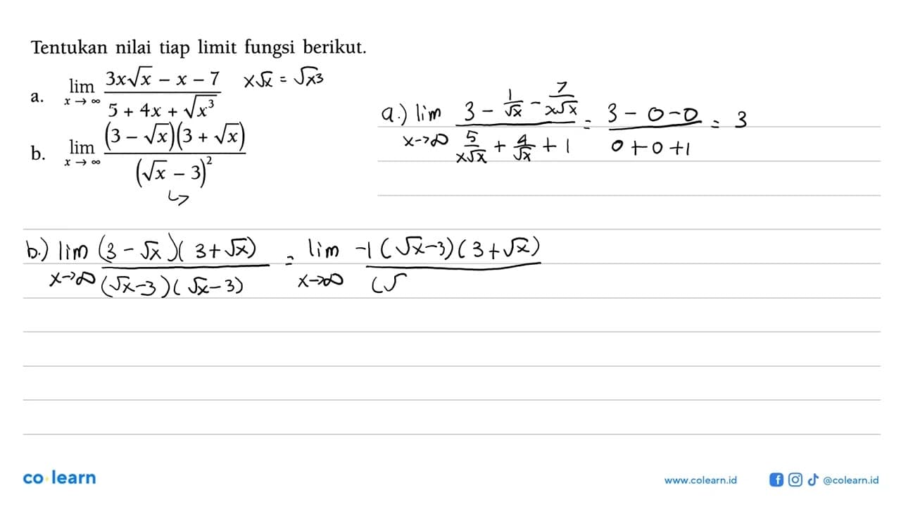 Tentukan nilai tiap limit fungsi berikut.a. lim x mendekati