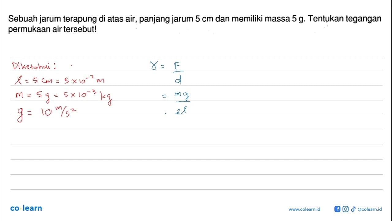 Sebuah jarum terapung di atas air, panjang jarum 5 cm dan