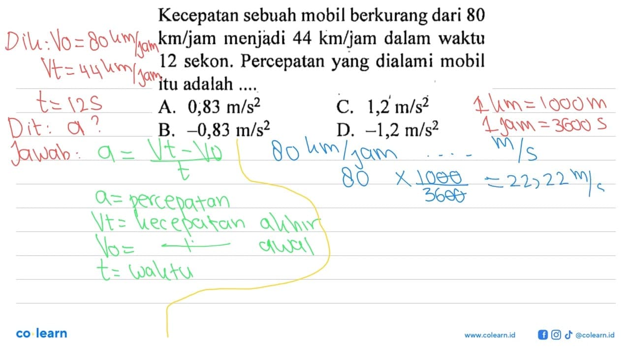 Kecepatan sebuah mobil berkurang dari 80 km/jam menjadi 44