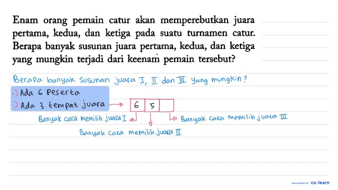 Enam orang pemain catur akan memperebutkan juara pertama,