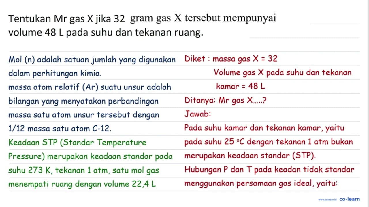 Tentukan Mr gas X jika 32 gas X tersebut mempunyai volume