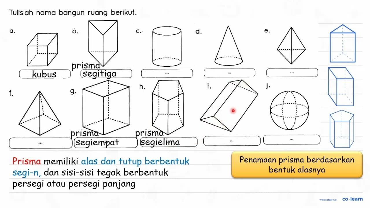 Tulislah nama bangun ruang berikut. a. ... b. ... c. ... d.