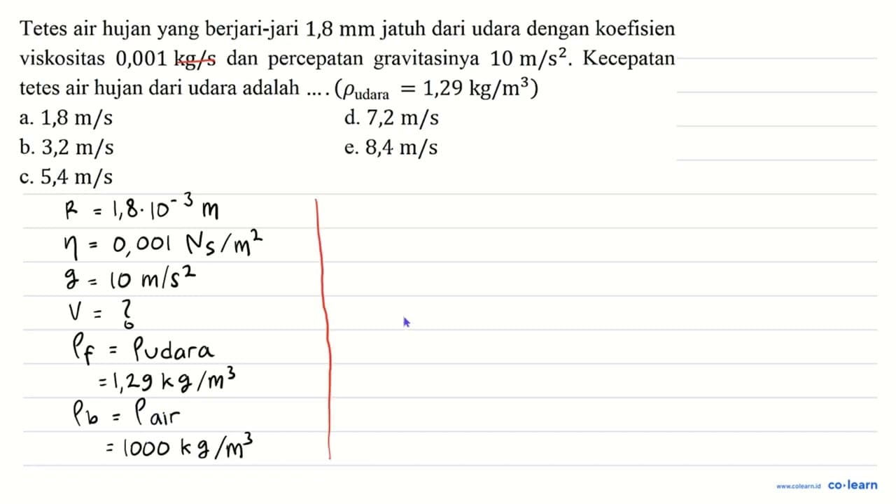 Tetes air hujan yang berjari-jari 1,8 mm jatuh dari udara