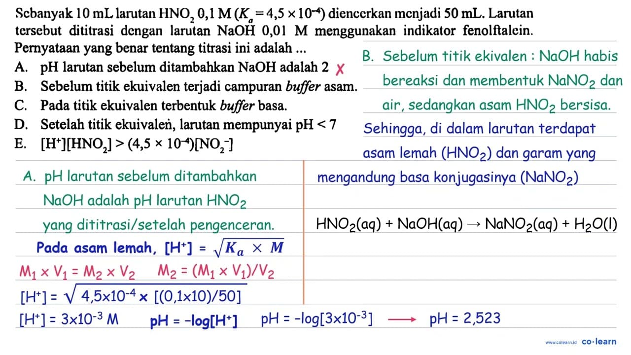 Scbanyak 10 mL larutan HNO2 0,1 M(Ka=4,5 x 10^-4)