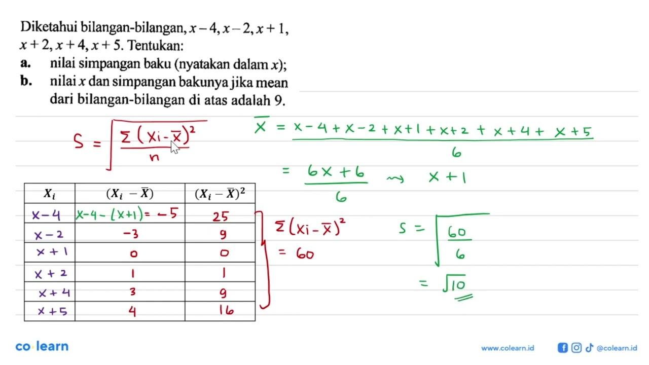 Diketahui bilangan-bilangan x-4, x-2, x+2, x+2, x+4, x+5.