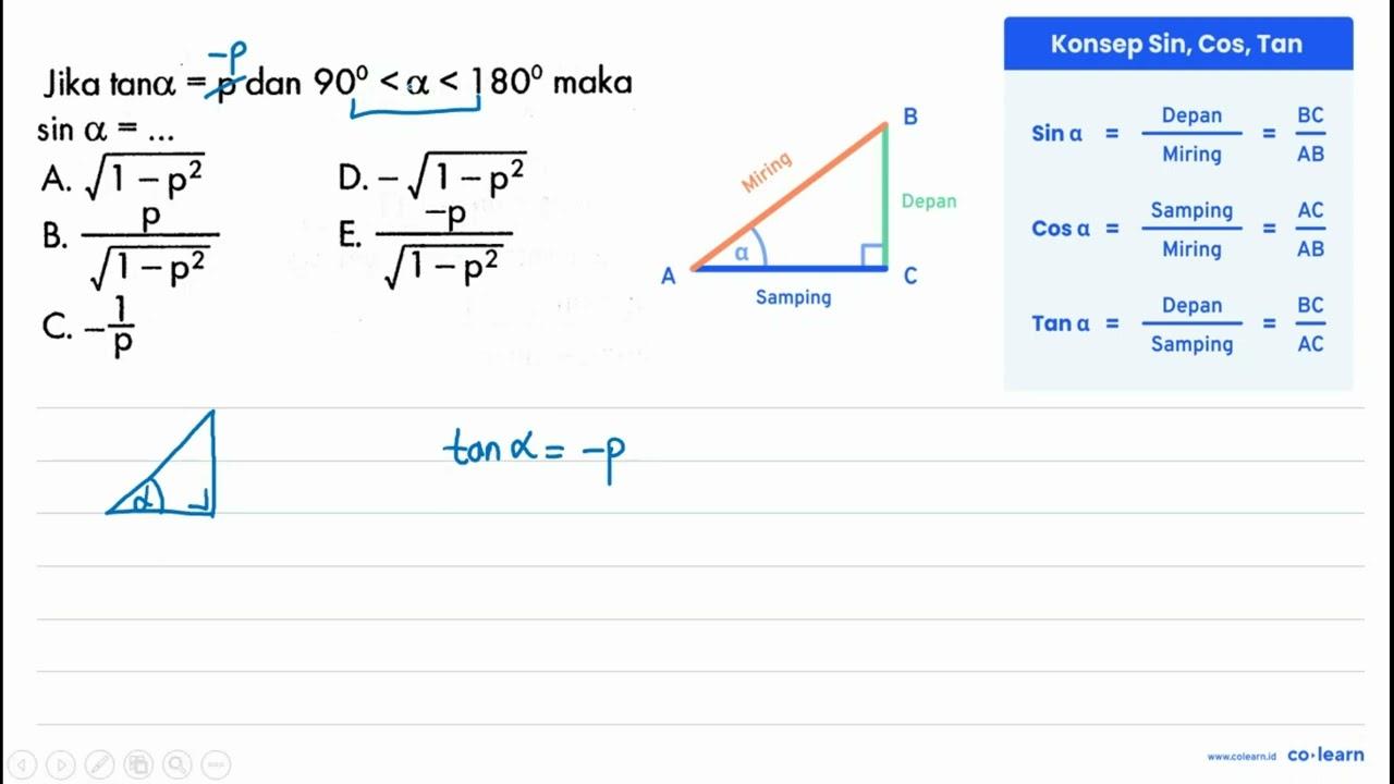 Jika tan a=p dan 90<a<180 maka sin a= ...