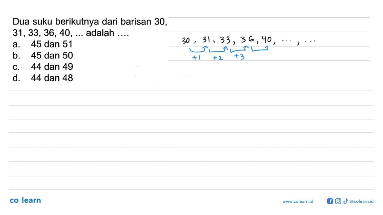 Dua suku berikutnya dari barisan 30, 31, 33, 36, 40, ....