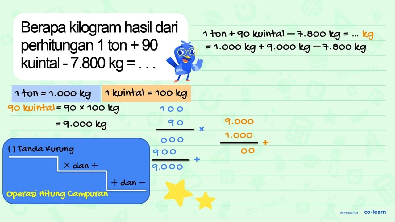 Berapa kilogram hasil dari perhitungan 1 ton + 90 kuintal -