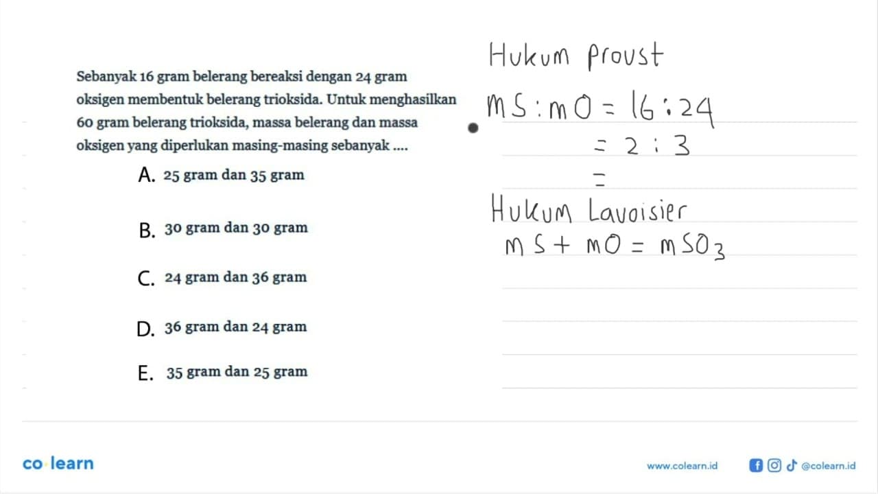Sebanyak 16 gram belerang bereaksi dengan 24 gram oksigen