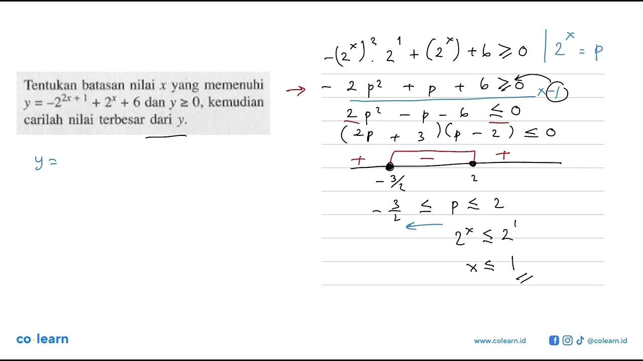 Tentukan batasan nilai x yang memenuhi y=-2^(2x+1)+2^x+6