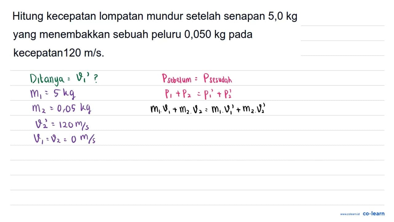 Hitung kecepatan lompatan mundur setelah senapan 5,0 kg