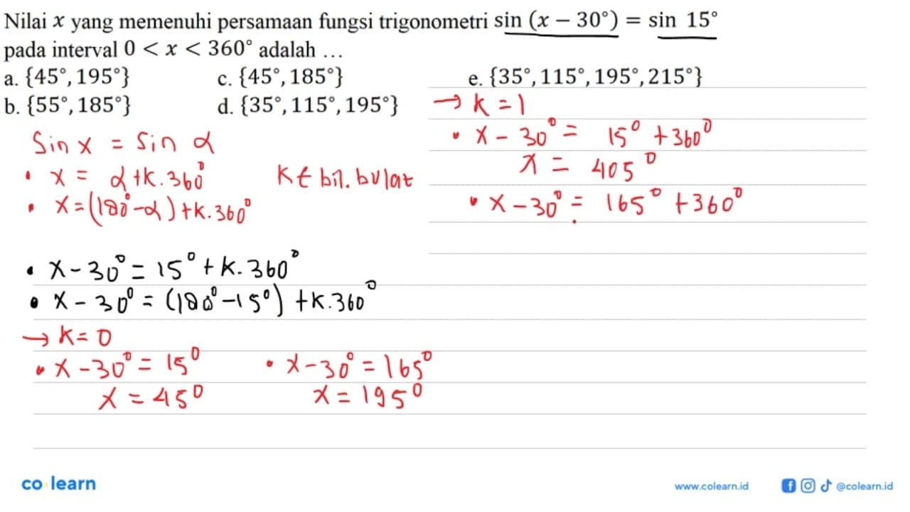 Nilai x yang memenuhi persamaan fungsi trigonometri