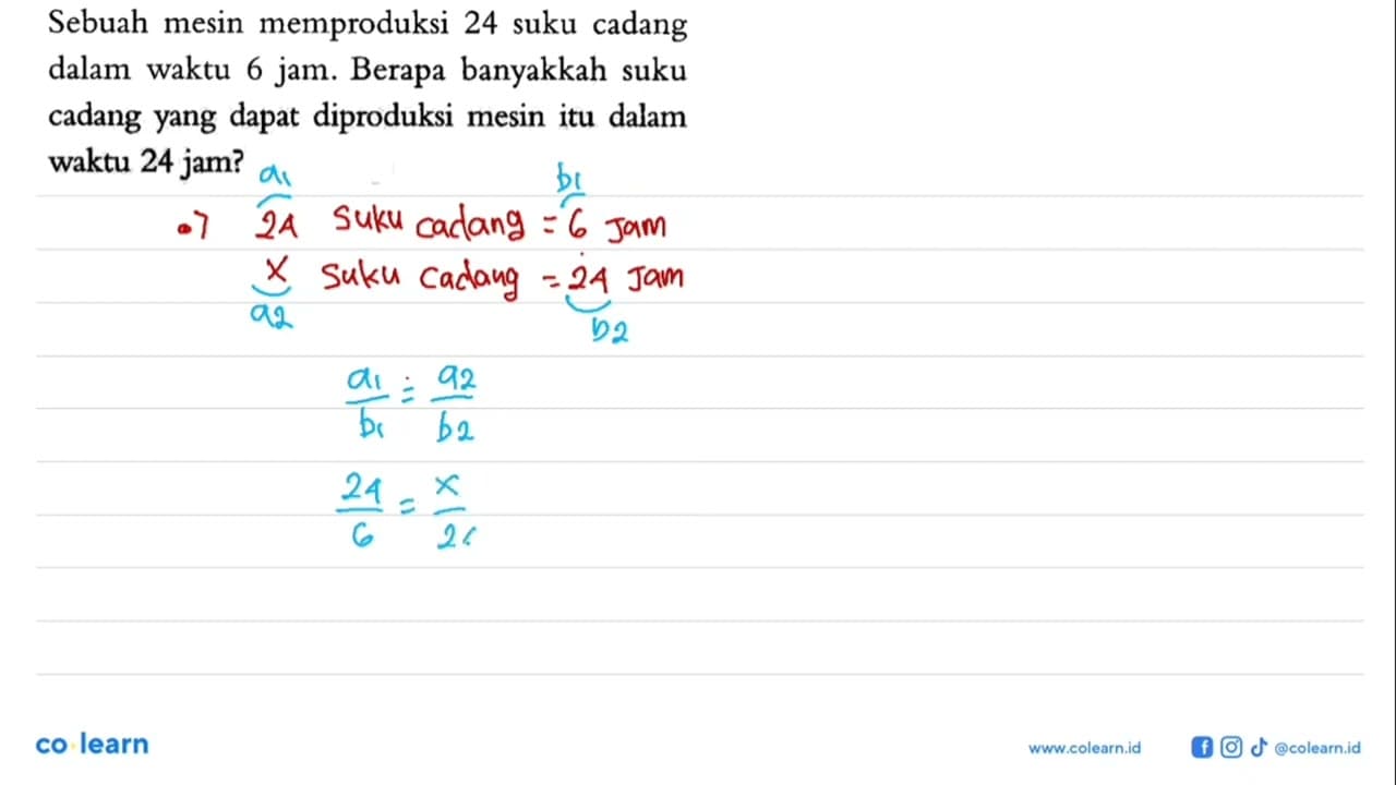 Sebuah mesin memproduksi 24 suku cadang dalam waktu 6 jam.