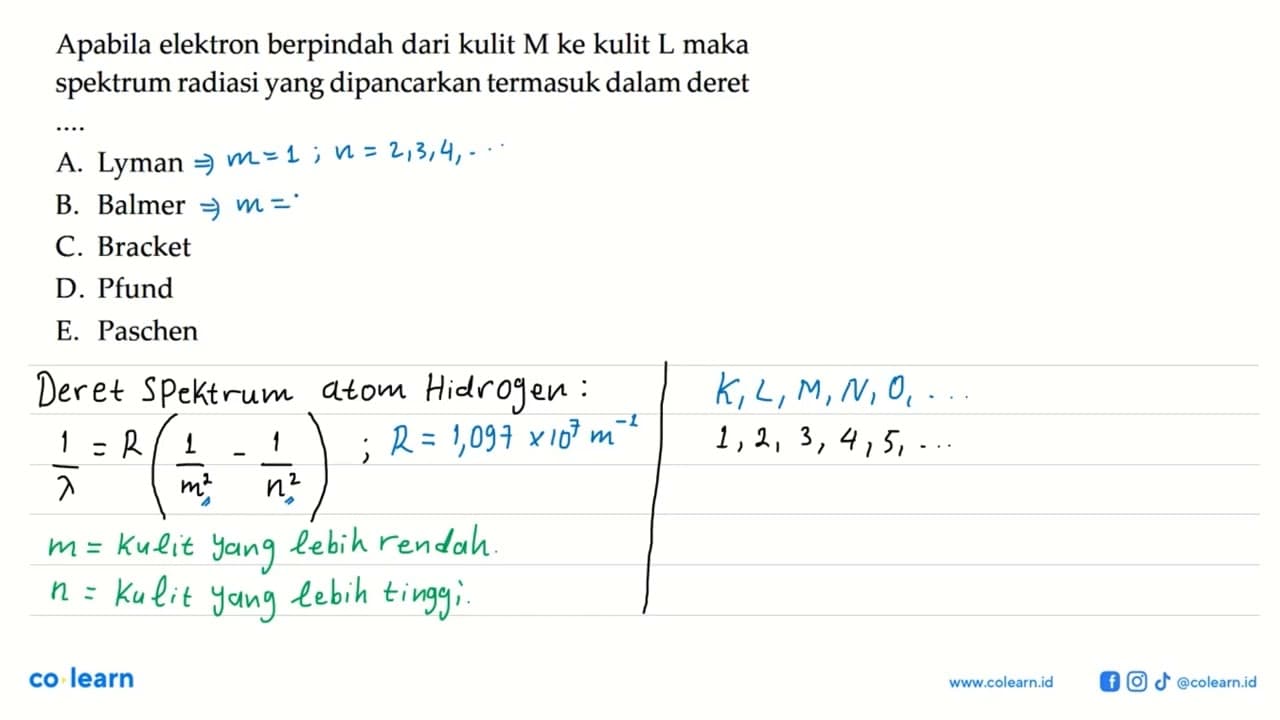 Apabila elektron berpindah dari kulit M ke kulit L maka