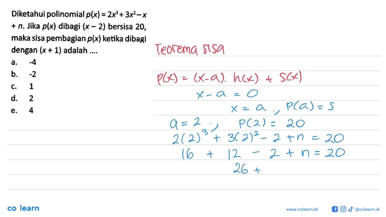 Diketahui polinomial p(x)=2x^3+3x^2-x+n. Jika p(x) dibagi