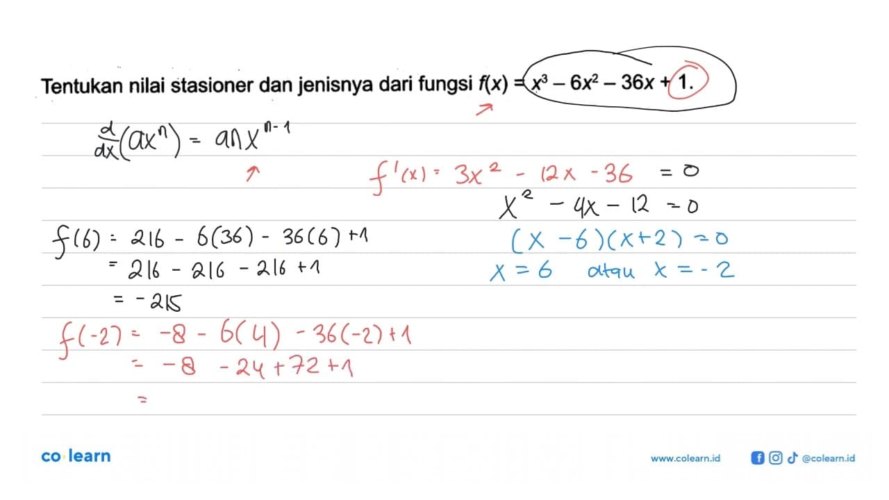 Tentukan nilai stasioner dan jenisnya dari fungsi