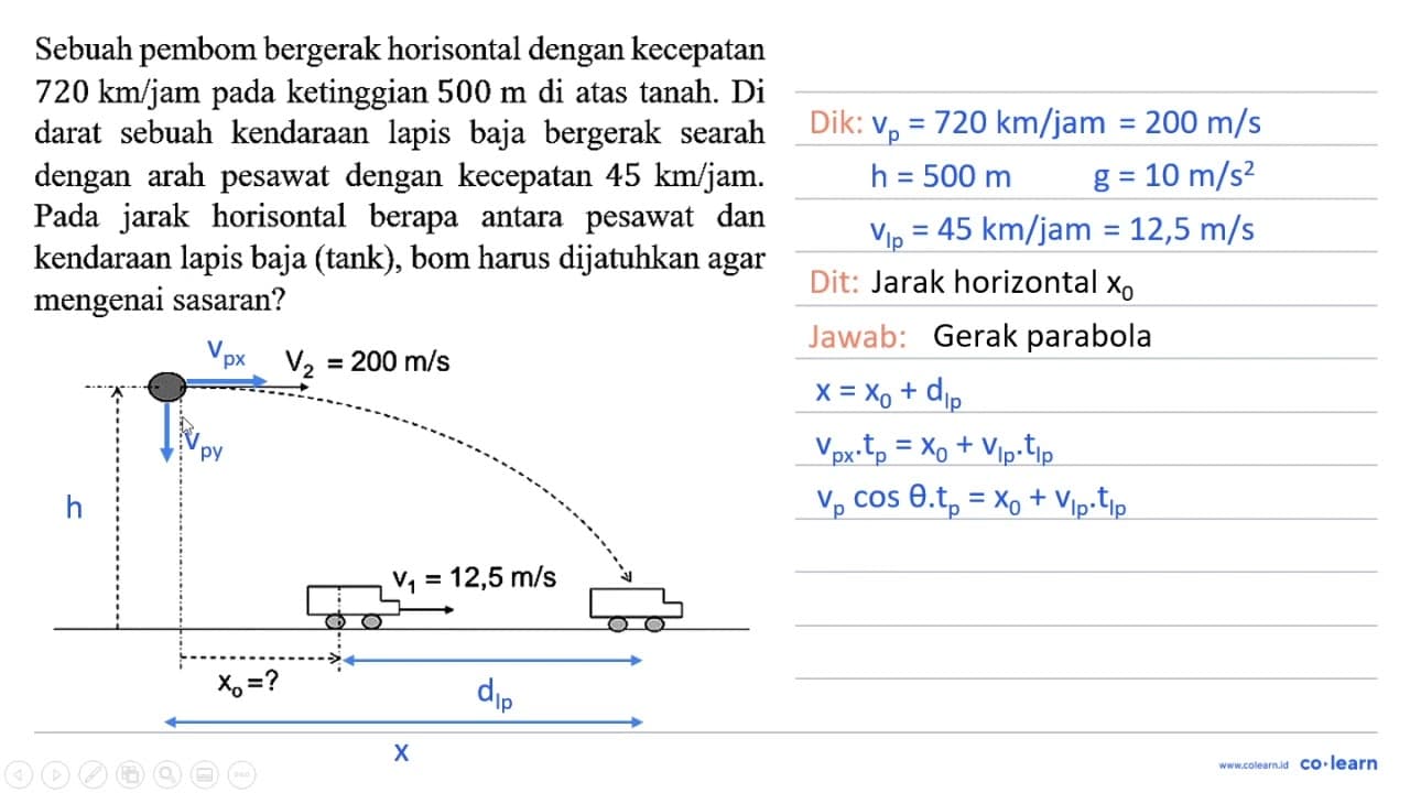 Sebuah pembom bergerak horisontal dengan kecepatan 720 km /