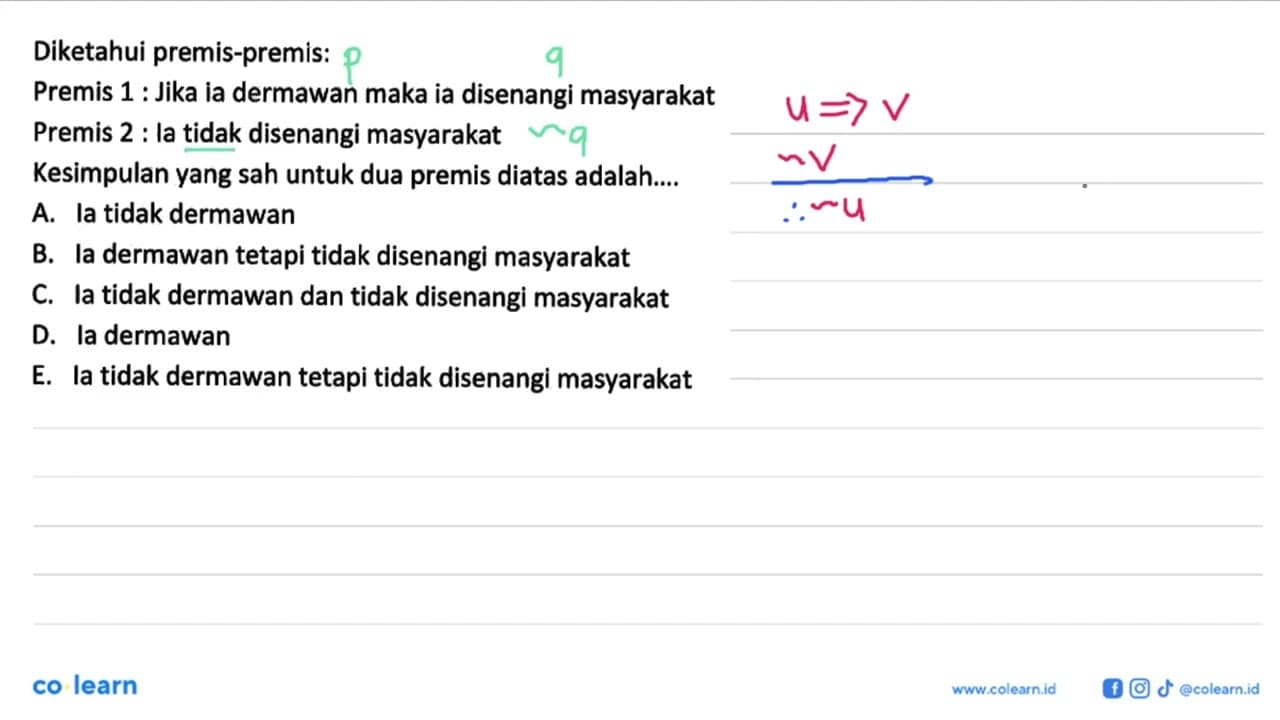 Diketahui premis-premis: Premis 1 : Jika ia dermawan maka