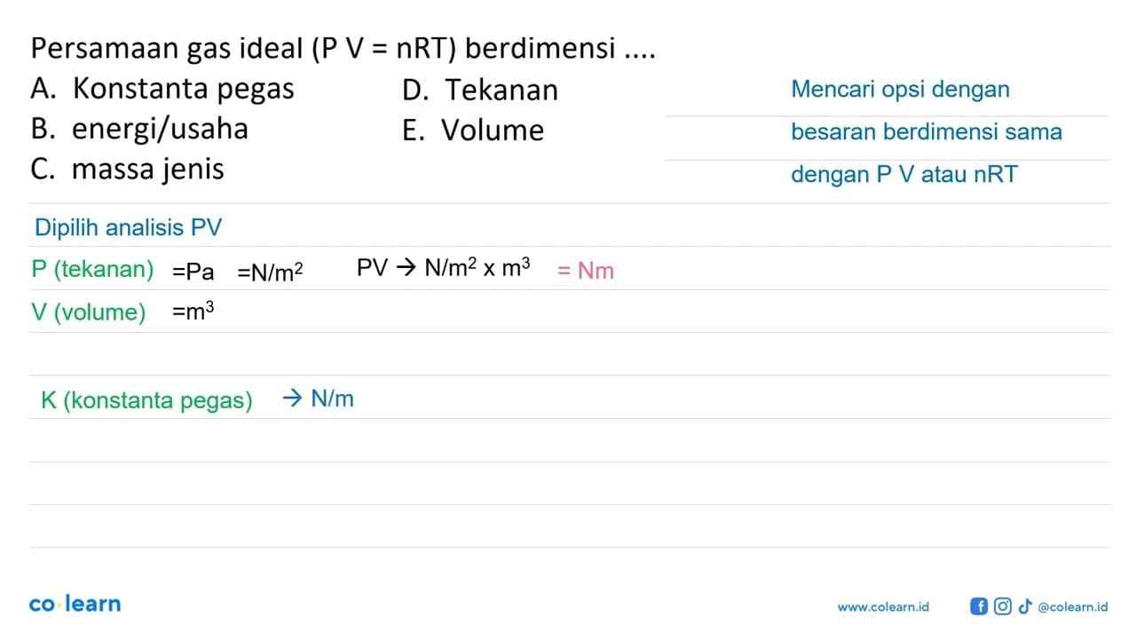 Persamaan gas ideal (PV=nRT) berdimensi ....