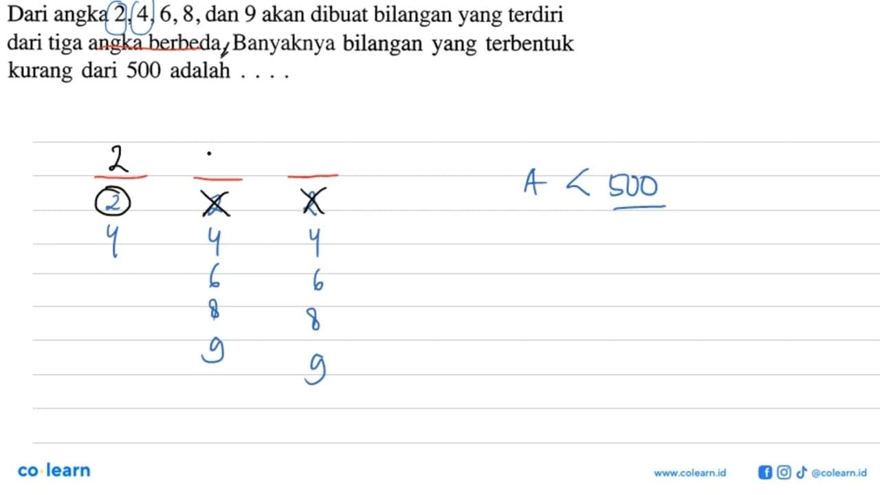 Dari angka 2 ,4,6, 8,dan 9 akan dibuat bilangan yang