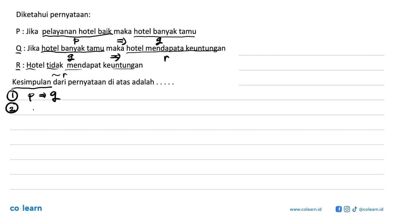 Diketahui pernyataan: P:Jika pelayanan hotel baik maka