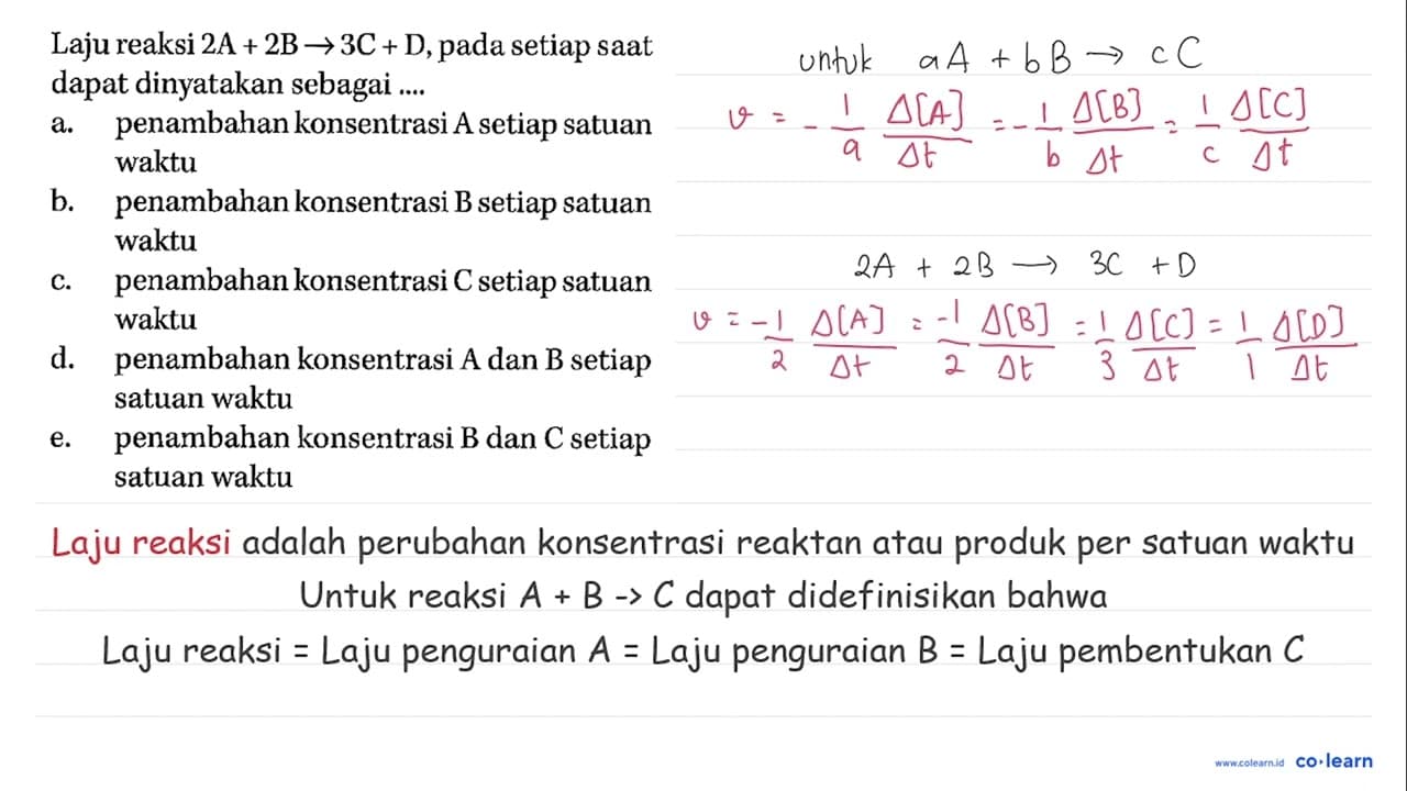 Laju reaksi 2A+2B->3C+D, pada setiap saat dapat dinyatakan