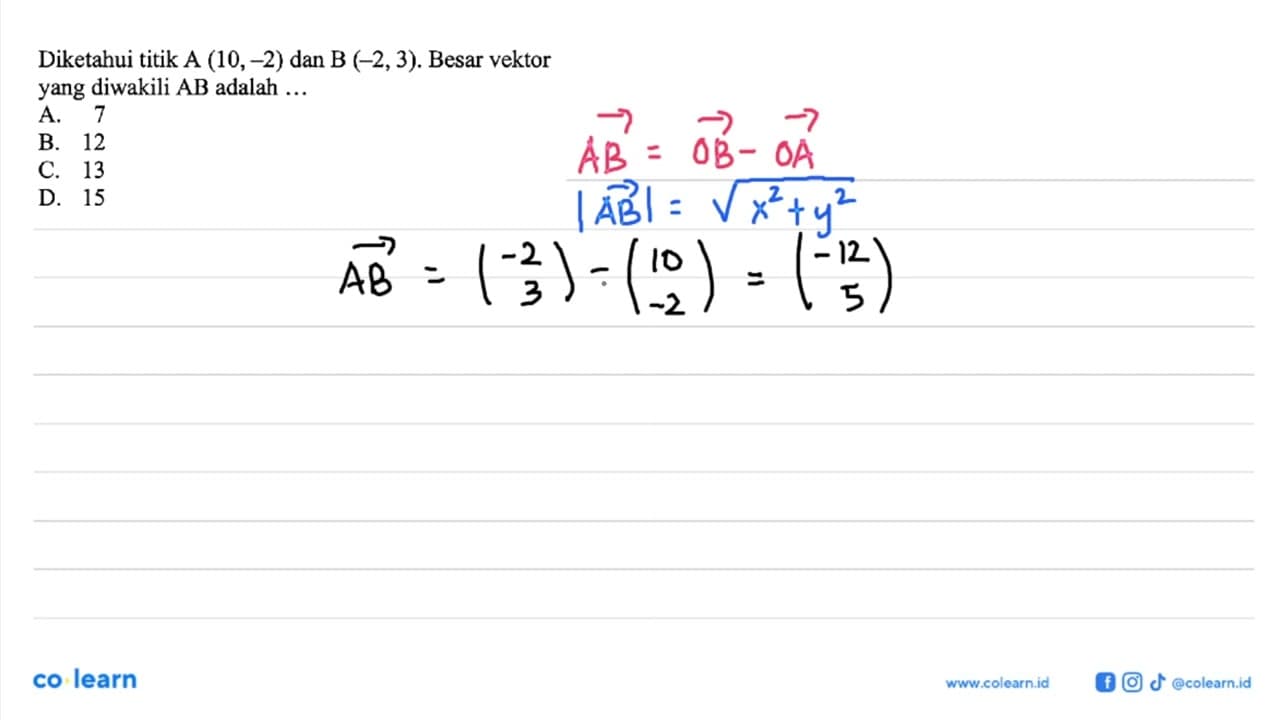 Diketahui titik A(10,-2) dan B(-2,3). Besar vektor yang