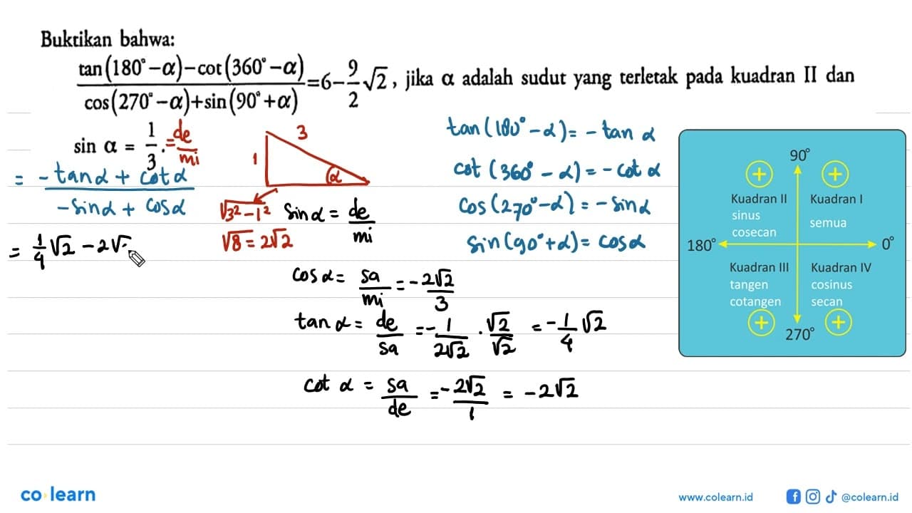 Bukrikan bahwa: (tan (180-alpha)-cot (360-alpha))/(cos