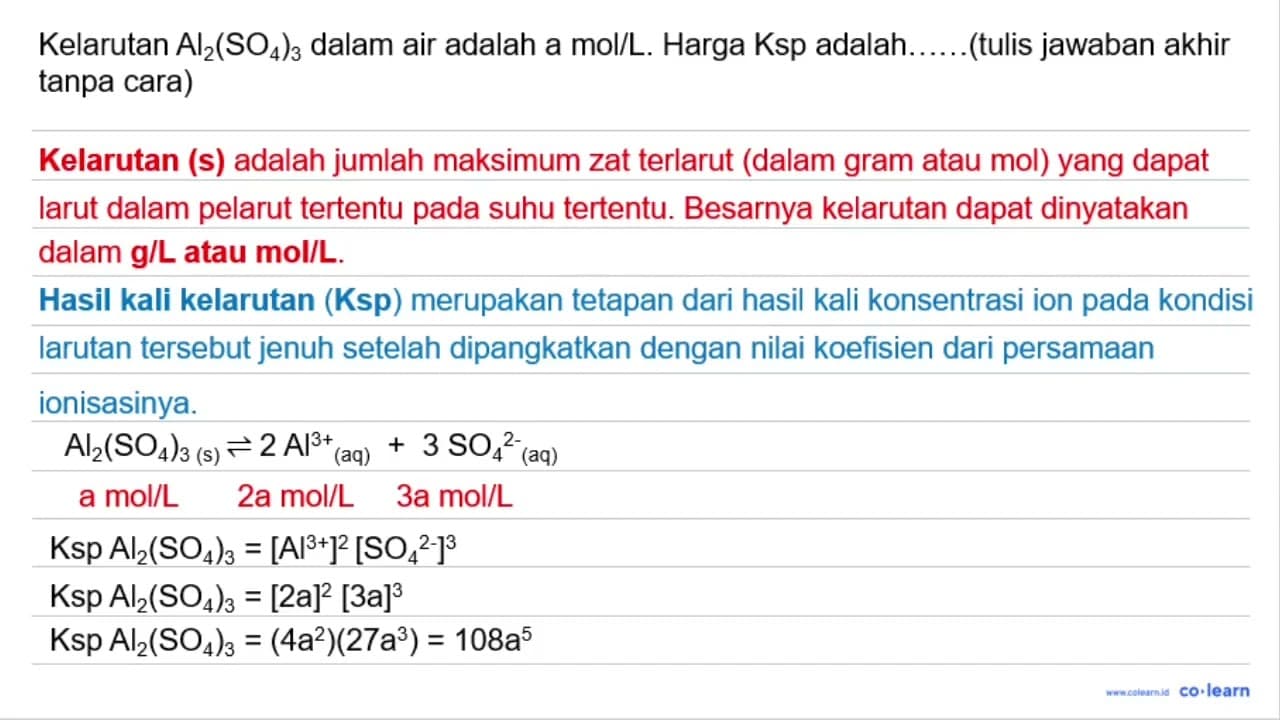 Kelarutan Al2(SO4)3 dalam air adalah a mol/lt. Harga Ksp