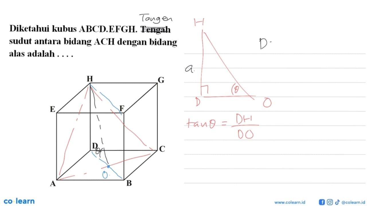 Diketahui kubus ABCD.EFGH. Tengah sudut antara bidang ACH