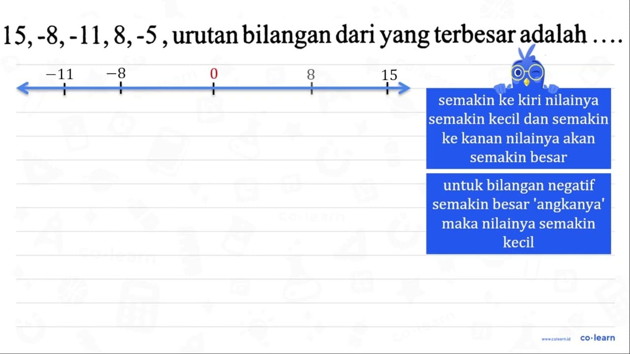 15,-8,-11,8,-5 , urutan bilangan dari yang terbesar adalah