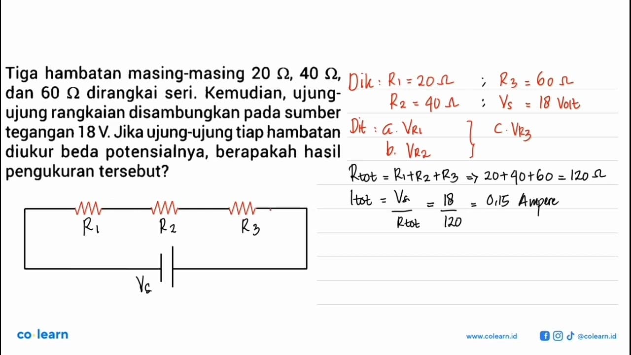 Tiga hambatan masing-masing 20 ohm, 40 ohm, dan 60 ohm