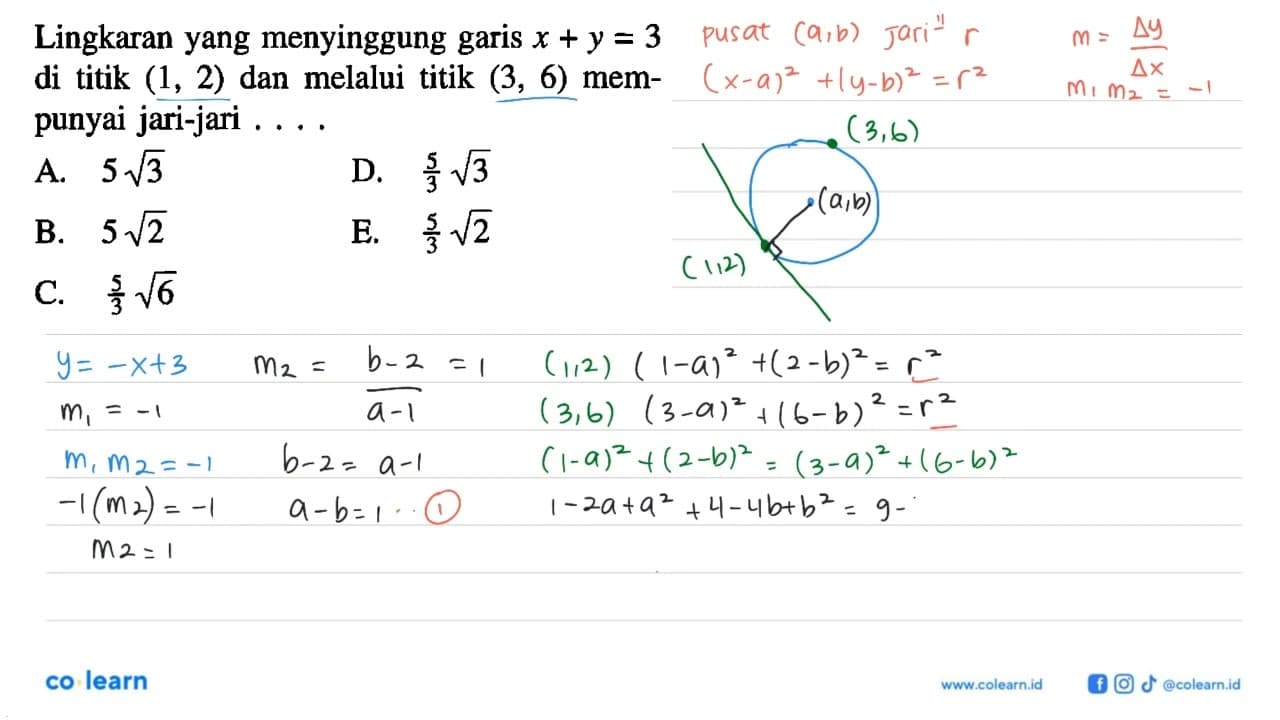 Lingkaran yang menyinggung garis x+y=3 di titik (1,2) dan