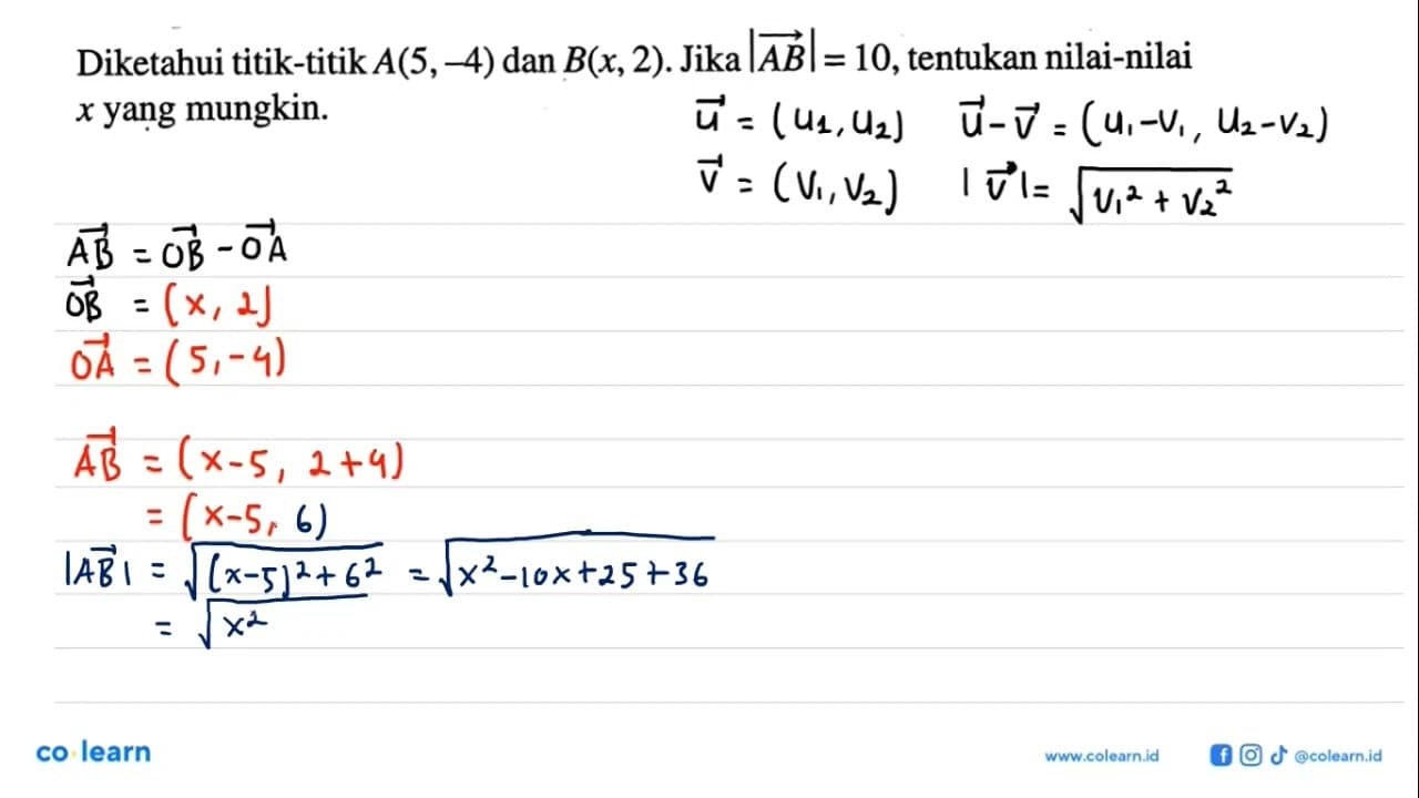 Diketahui titik-titik A(5,-4) dan B(x,2). Jika |vektor