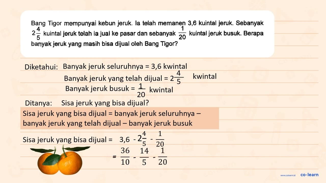 Bang Tigor mempunyai kebun jeruk. la telah memanen 3,6